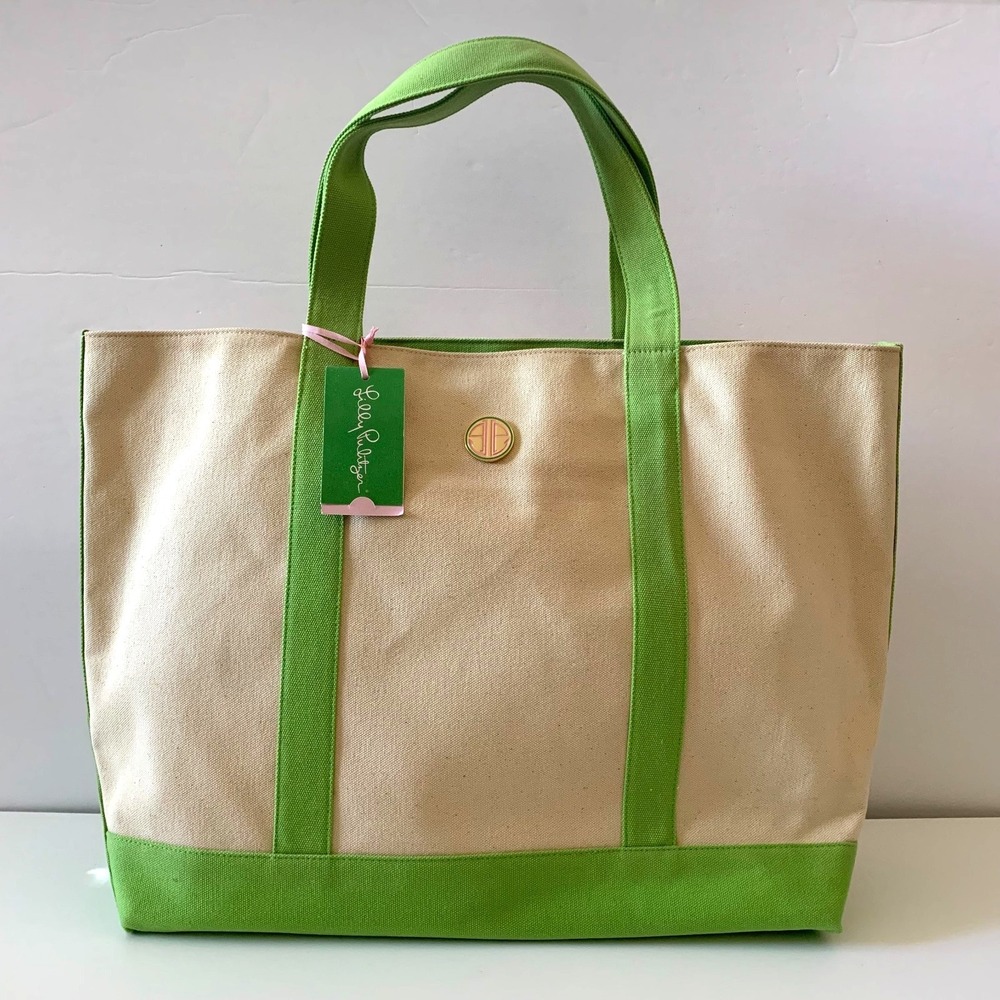 NWT HTF Lilly Pulitzer Large Via Tote Bag Canvas Classic Sturdy Green Natural